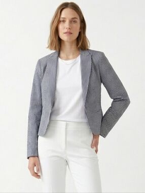 TCEC Striped Cropped Blazer Jacket Womens Size Small Navy Blue White Cotton